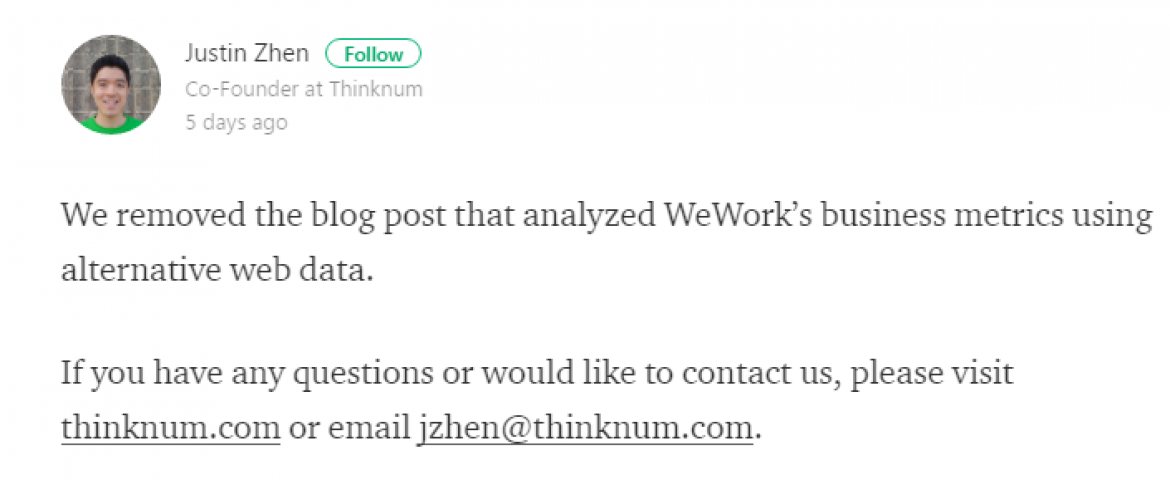 WeWork Controversy- Startup Thinknum Removed After Negative Blogpost