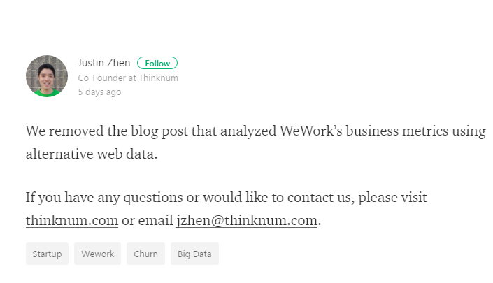 WeWork Controversy- Startup Thinknum Removed After Negative Blogpost