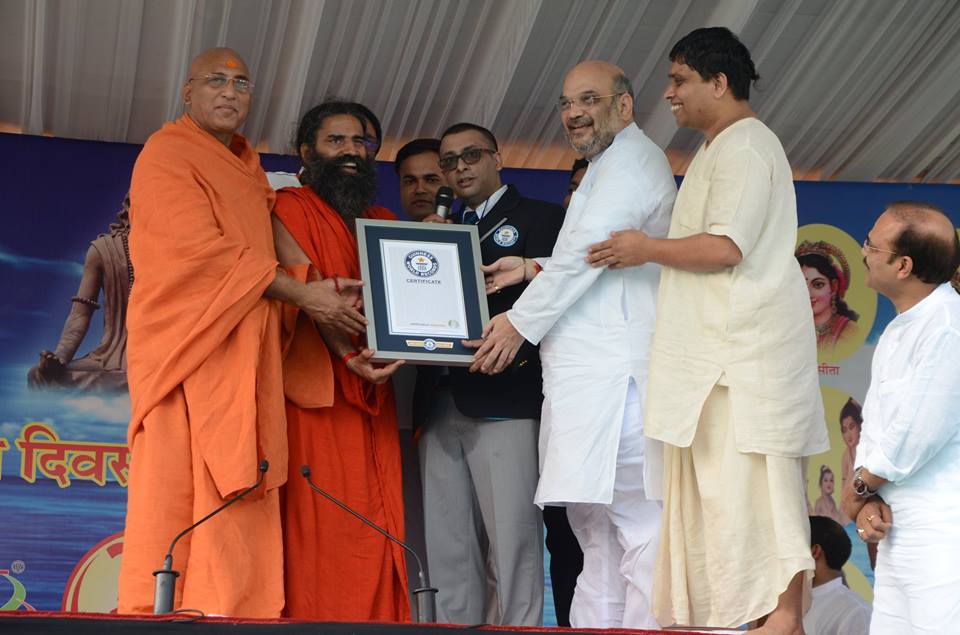 Balakrishna and Ramdev with BJP President Amit Shah in Patanjali