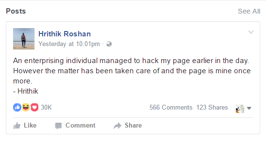 Hrithik Roshans Facebook Account Hacked, Now Restored