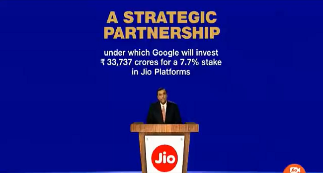 Google invests $4.5 billion for 7.7% stake in Jio platforms